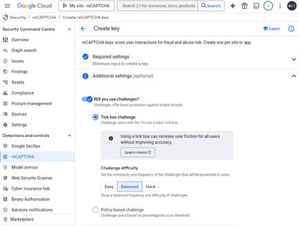 Additional reCAPTCHA settings